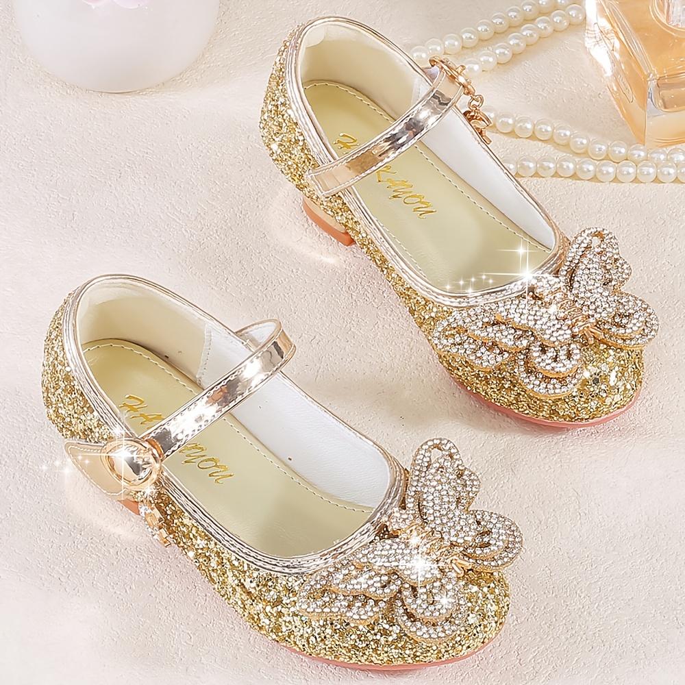 Girls' Princess Shoes with Rhinestone Flowers, New Autumn/Spring High Heel Golden Crystal Flat Shoes Children's Dress, Wedding, Banquet, Performance Princess Dress Shoes