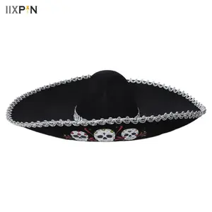 Adults Kids Mexican Hat Metallic Braid Wide Brim Skull Patterned Corned Hat Festival Costume Accessory for Halloween Carnival