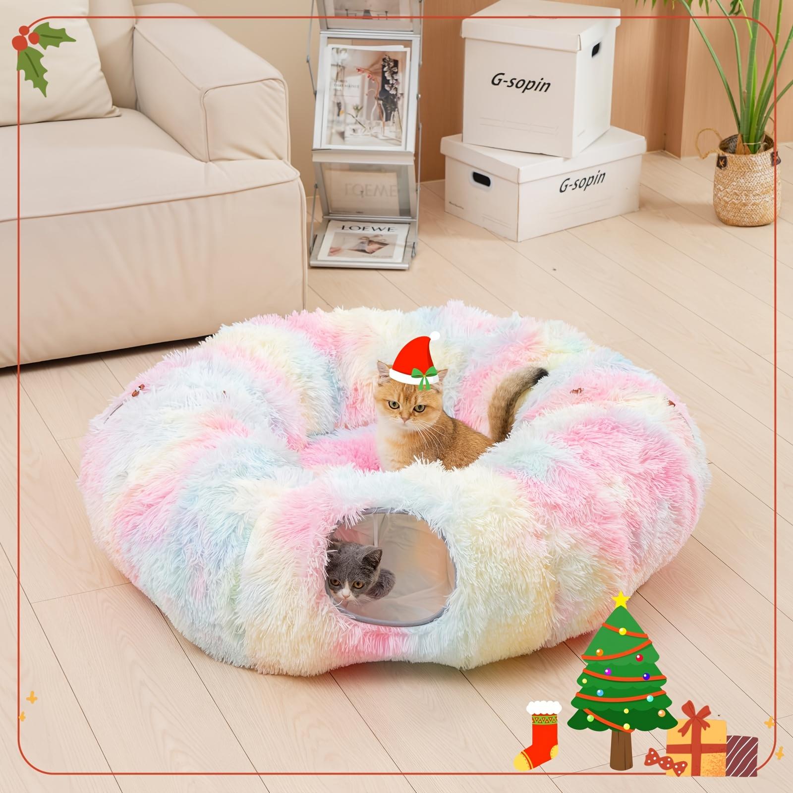 Christmas Gift Cat Tunnel with Cat Bed, Suitable for Indoor Cats, Soft Plush Peeping Cat Hole, Donut Tunnel, Multi-functional Cat Amusement Park Toy Hiding Place, Suitable for Small, Medium And Large Cats, Kittens, Rabbits, with A Pet Scarf