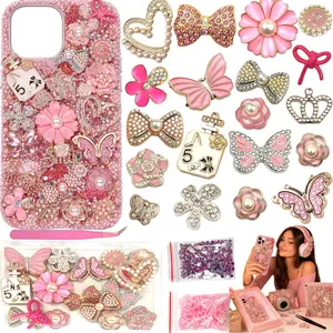 AVELICE Junk Case Large Charm Kit with Large Pink Flower Decor, Soft Feminine Romantic Cute Phone Case Charms, Multiple Pinkk Butterflies and Pink Flowers for DIY Girls & Social Media Crafting