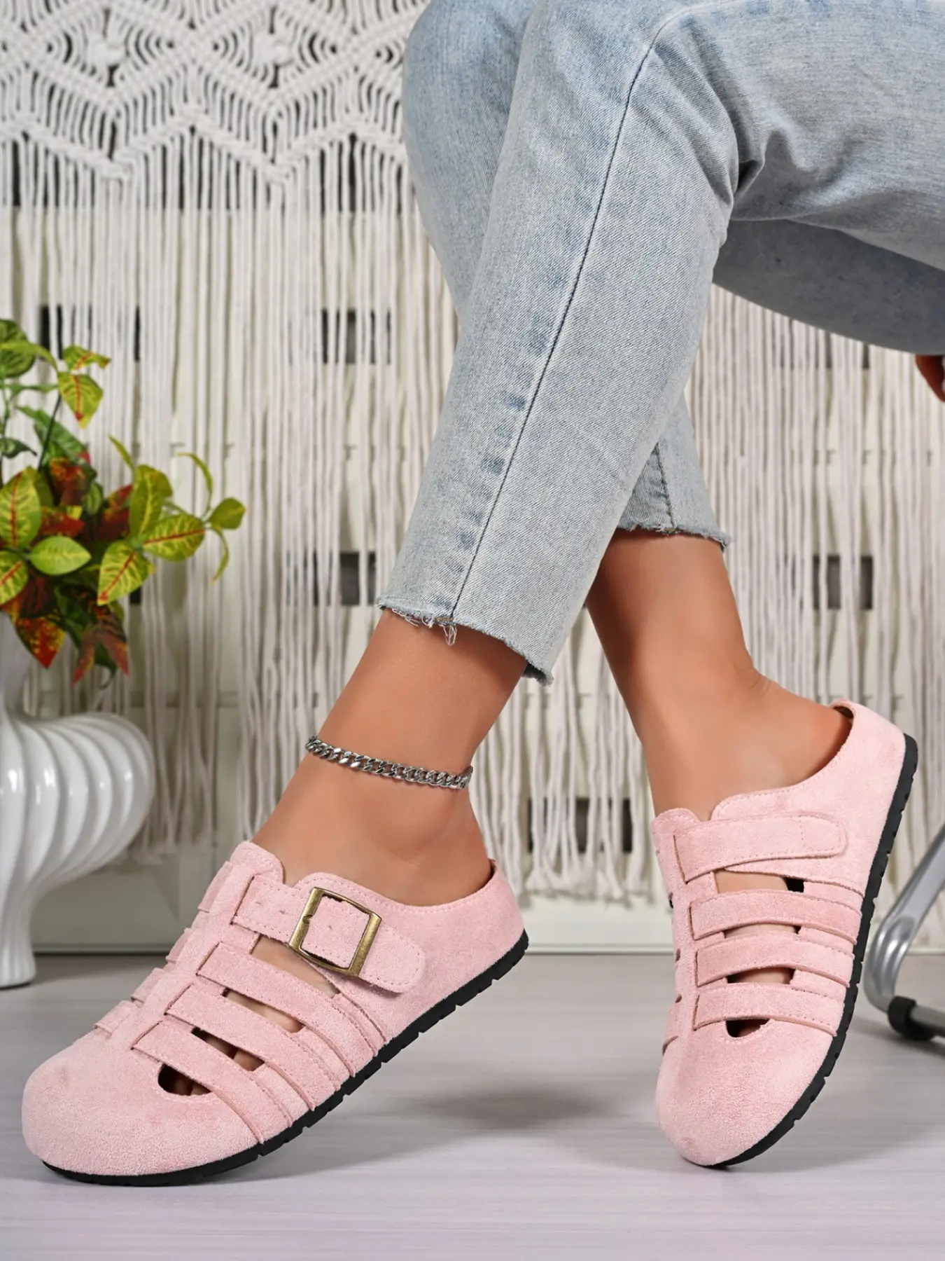 Women Cutout Strap Buckle Closed Toe Mules, Slip On Hollow Birken Slide Sandals, Casual Flat Summer Clogs for Daily Walking Street, Pink Yellow Khaki Green Available