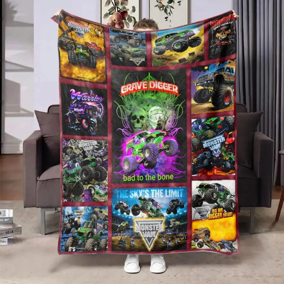 Monster Truck Print Flannel Polyester Fabric Blanket - Fading-Proof, Vivid Colors, Multi-Size, 1-Piece Soft Cozy Lightweight Throw for Infants & Adults, Home Sofa Napping Cover, All-Season Decor & Gift