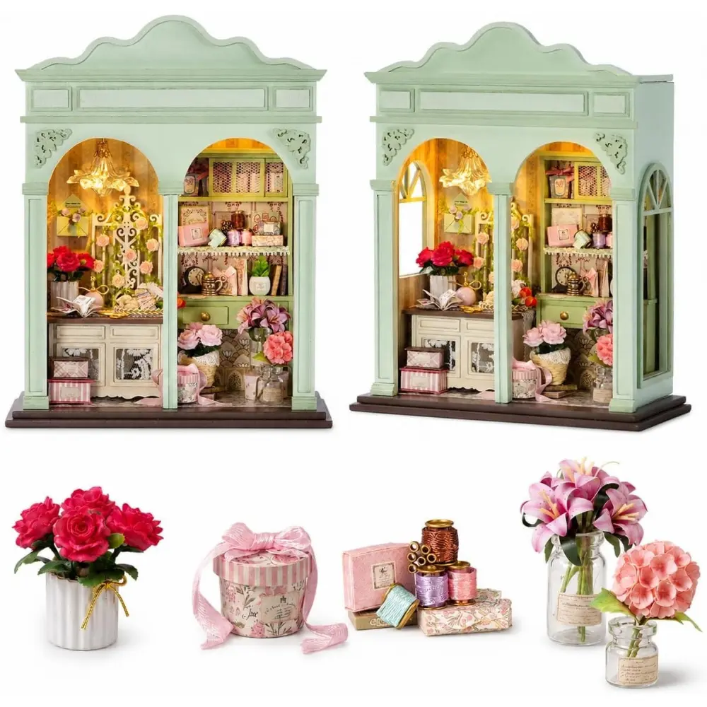 Spilay Book Nook Kit for Adults, Floral Reverie DIY Miniature House Kit |   With Warm LED Light, DIY Wooden Craft for Bookshelf Decor, Reading Nook Display, Book Lover Gifts & Home Decoration