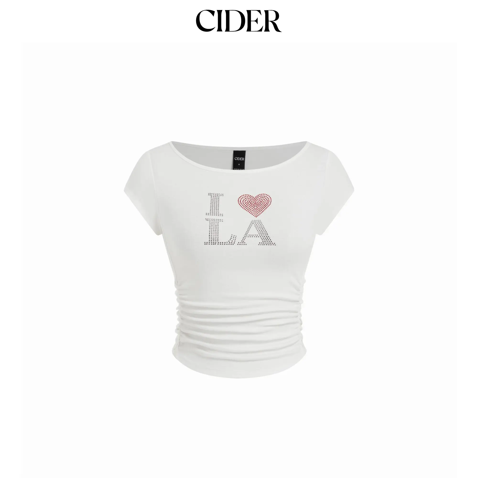 Cider I LOVE LA Graphic Rhinestone Ruched Short Sleeve Top