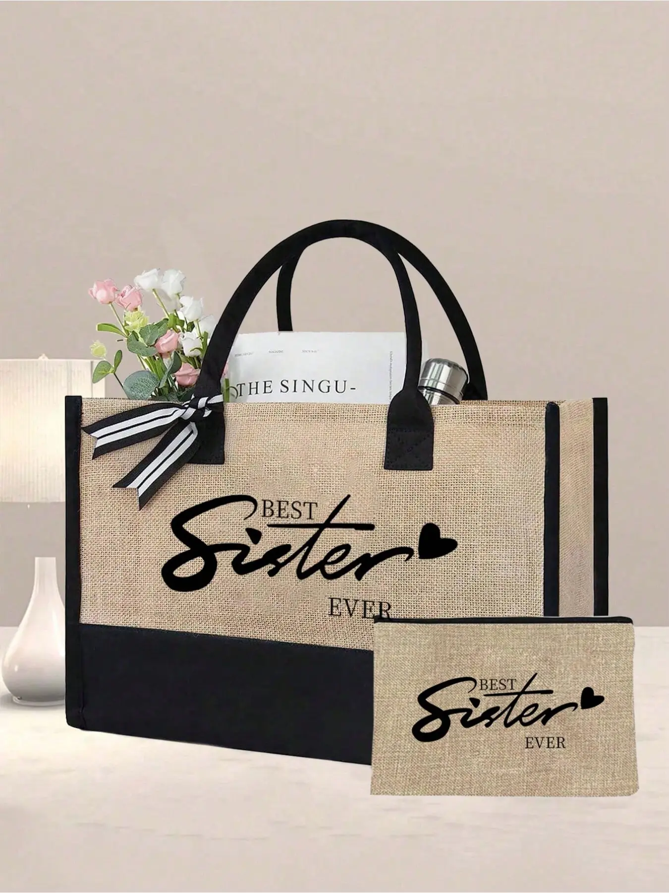 'best Sister Ever' Handbag, Large Capacity Dual Tone Tote, Perfect Gift for Sisters, Women, Mom, Teacher, Friend, Bridesmaid, Student