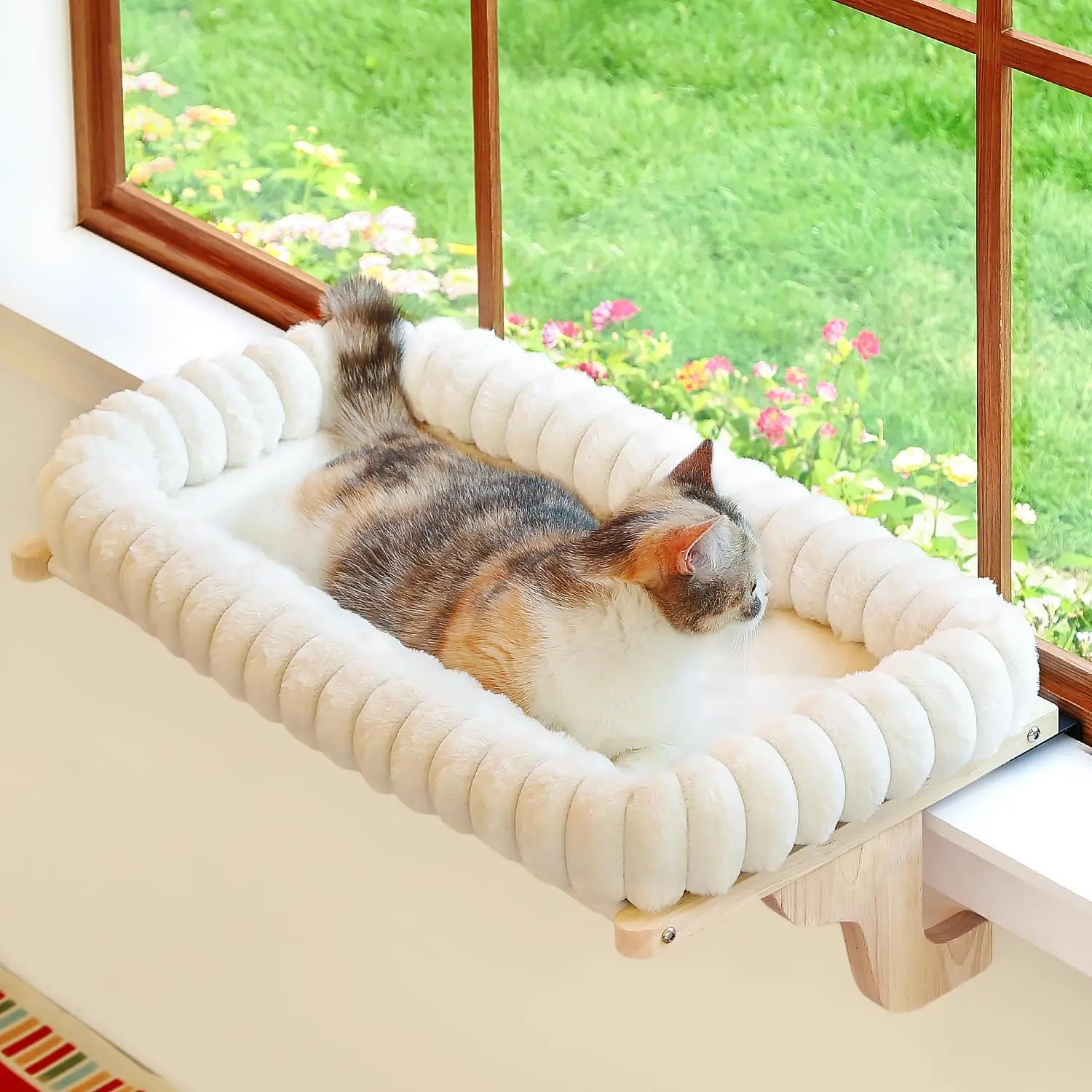 SnugCloud Cat Window Perch with 4-Sided Bolster - Orthopedic Cat Hammock for Window Sill - Solid Hardwood & Metal Frame - Window Seat for Pets (Natural Color Wood w/White Bed, Medium)