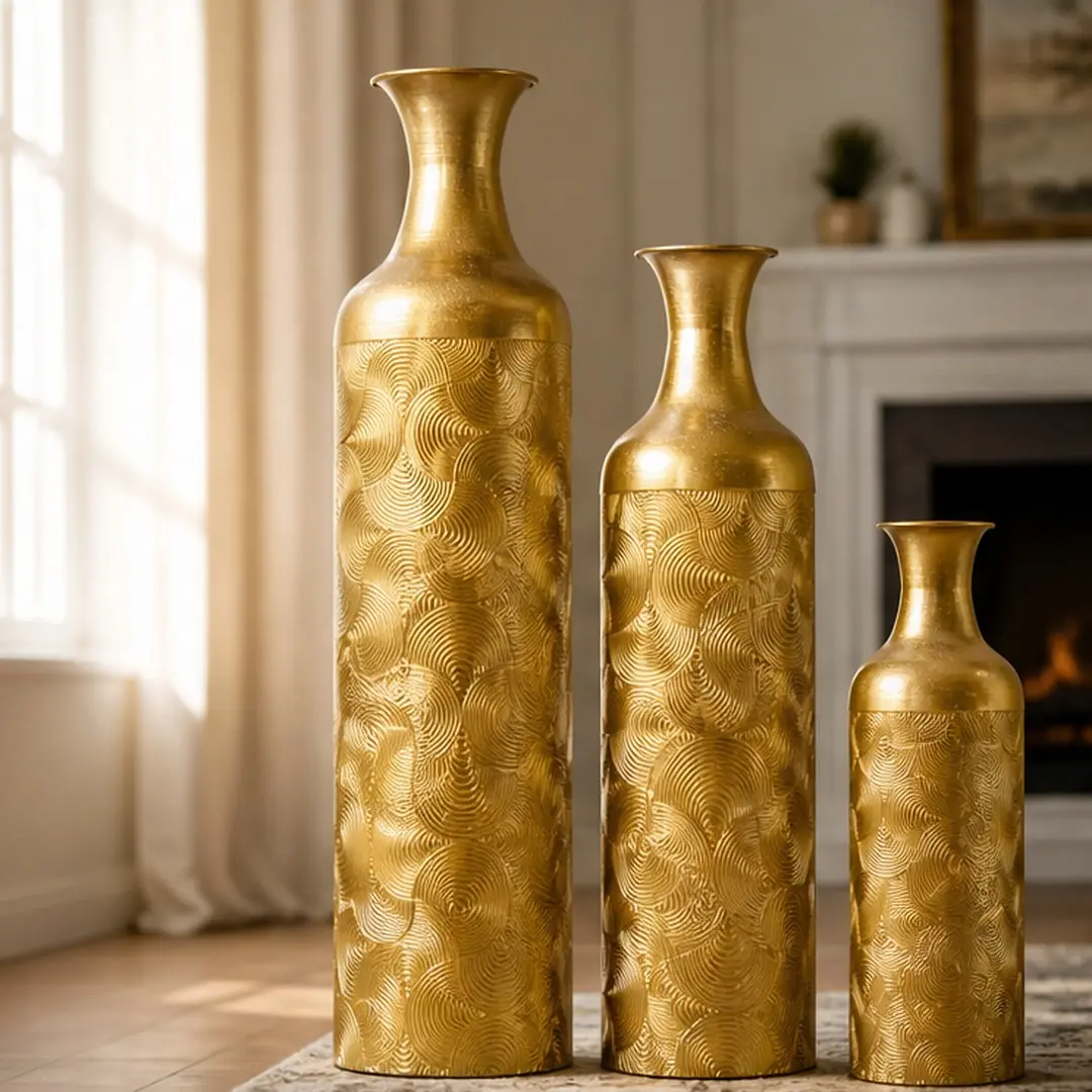 3-Pack Antique Gold Iron Vase Set - Tall Embossed Semi-Handcrafted Nested Decorative Centerpieces for Home Living Room, Floor - American Design, Non-Waterproof for Dried/Artificial Flowers