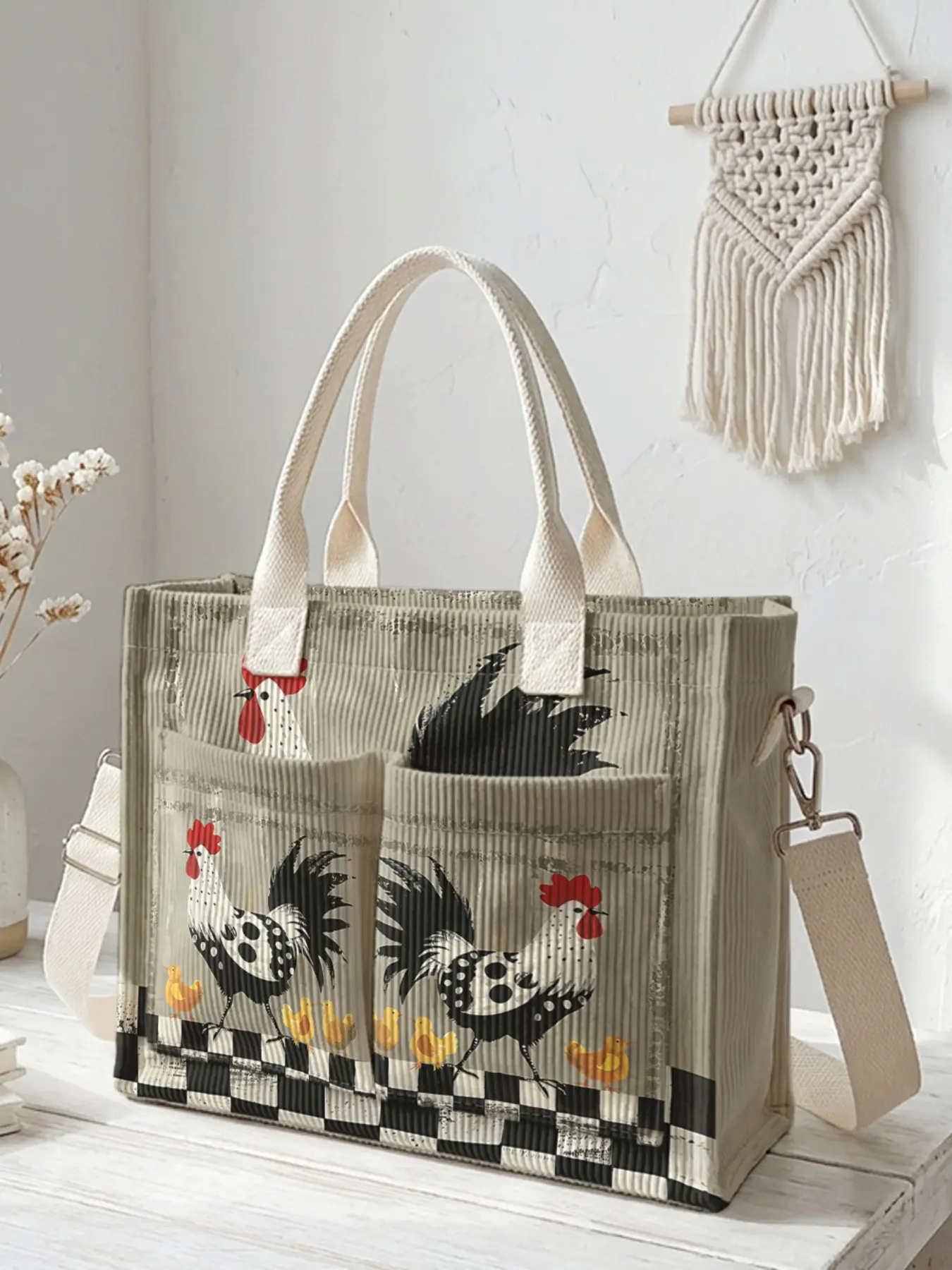 Large Rooster Print Travel Shoulder Bag, Durable High-Capacity Storage, Multiple Pockets Design, Ideal for Work, Shopping, Picnics, All Seasons
