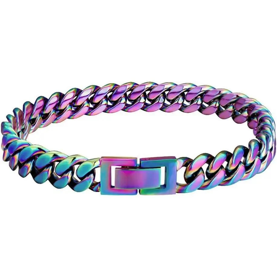 Stainless Steel Rainbow Colorful Cuban Link Chain Chunky Heavy Curb Necklace for Men Women