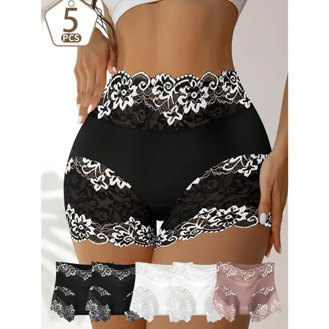 QUASTI Women's 5PCS High-Waisted Lace Boxer Shorts, Comfortable Stylish Smooth Color Blocking Skin-Friendly Ladies Briefs, Elegant Sexy Basic Fit  panty & No Show Intimate Underwear, for Daily Wear, S-XXL,  soft bikini full casual
