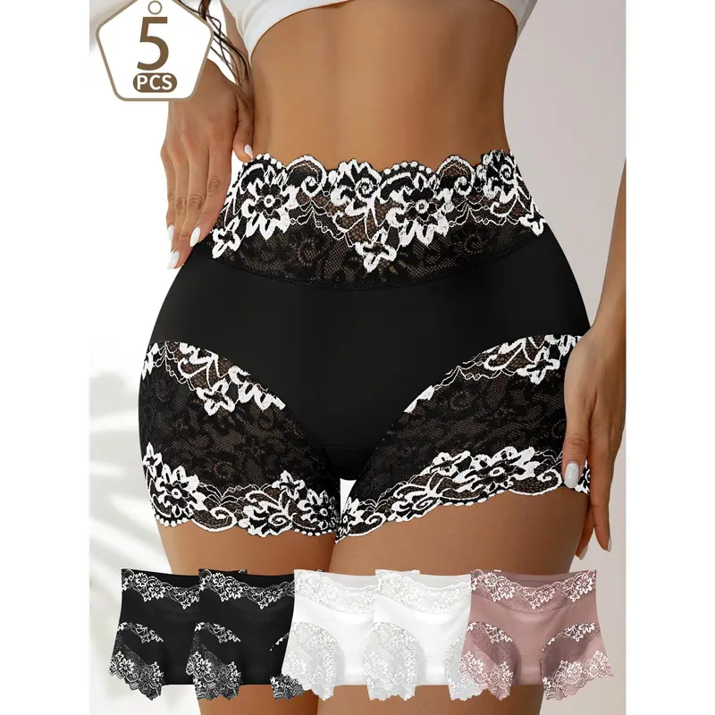 QUASTI Women's 5PCS High-Waisted Lace Boxer Shorts, Comfortable Stylish Smooth Color Blocking Skin-Friendly Ladies Briefs, Elegant Sexy Basic Fit  panty & No Show Intimate Underwear, for Daily Wear, S-XXL,  soft bikini full casual