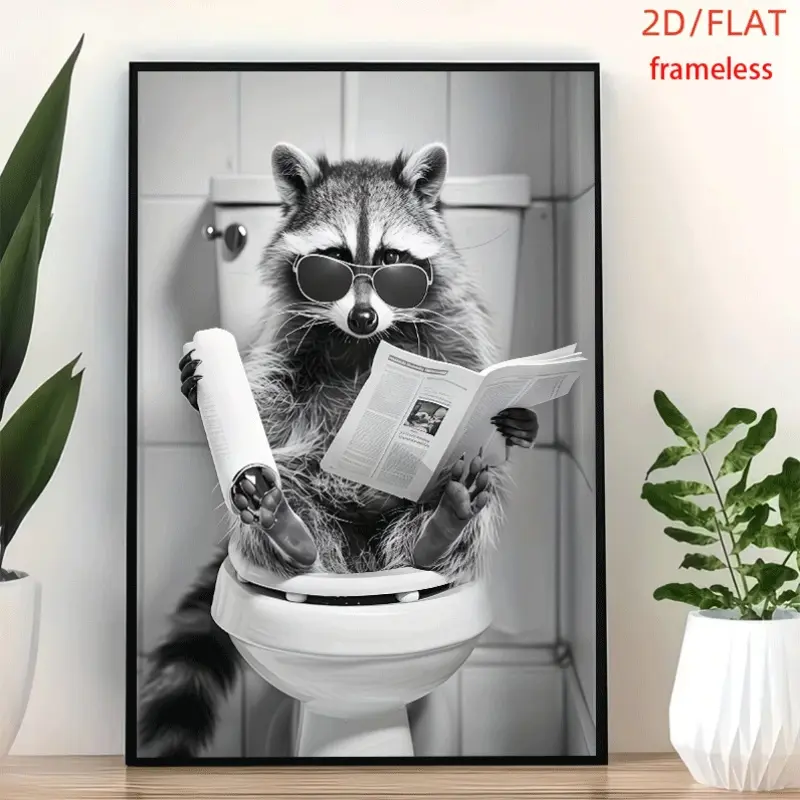 frameless Raccoon Toilet Decal Art Decor Print Poster, Wall Art for Living Room, Bedroom, Office, Dining Room & Bar, Perfect Gift & Home Decor, 12in x 16in