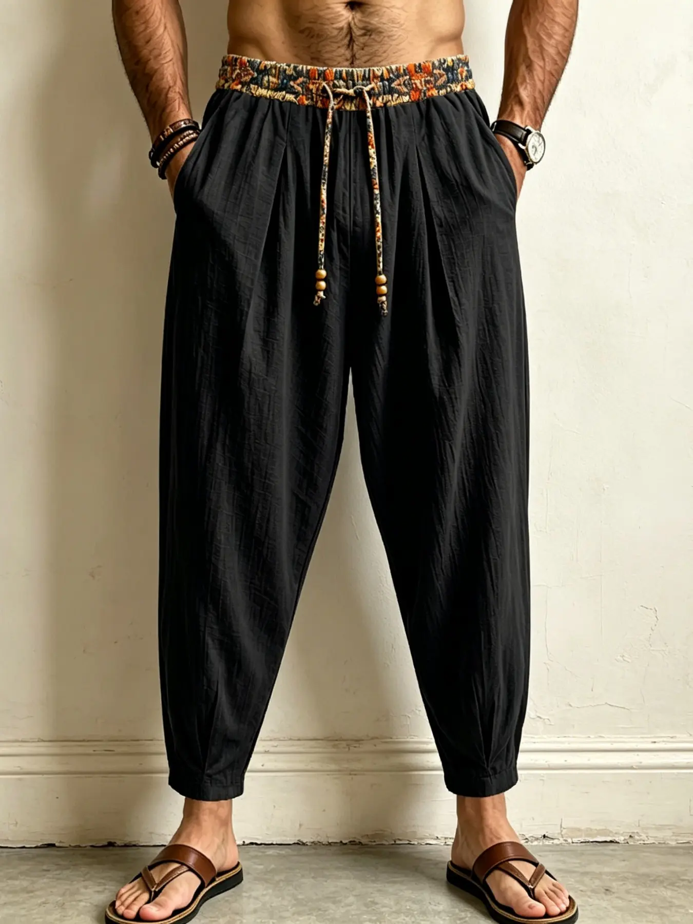 Men's Cotton-Linen Bohemian Style Harem Pants, Ethnic Printed Elastic Waist Drawstring Linen Trousers, Lightweight Breathable Loose-Fit Beach Pants with Beaded Tassels, Casual Summer Loungewear, 5 Colors Plus Sizes Available S-3XL