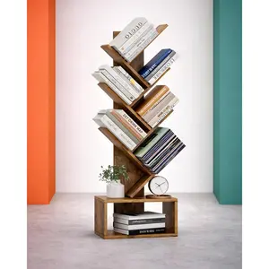 6 Tier Tree Book Shelf Small Corner Bookshelf for Living Room Bedroom Office, Tall Narrow DVD CD Comic Book Storage Bookcase Rustic Brown