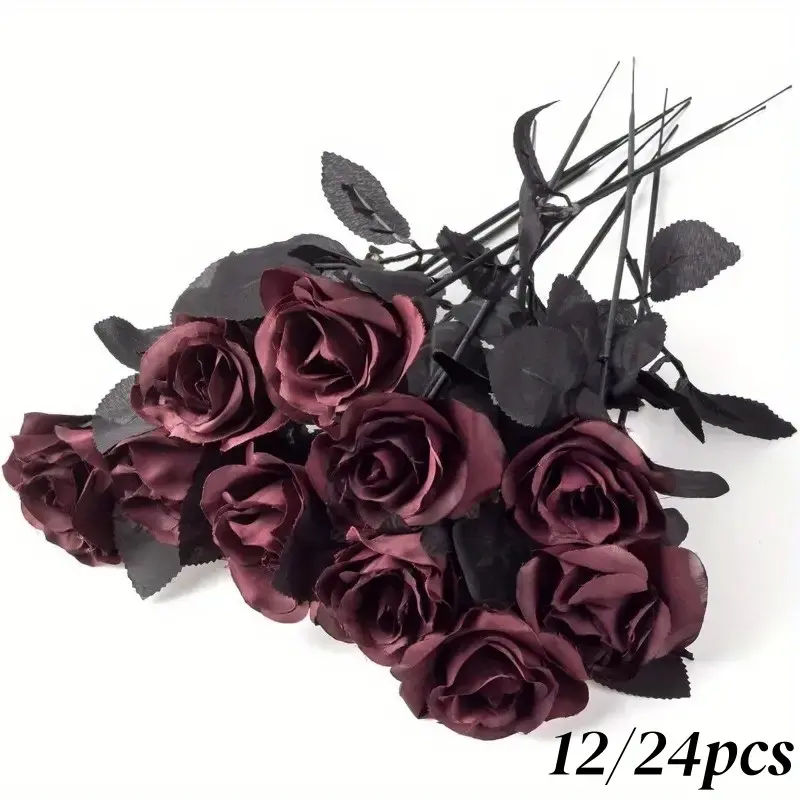12-Pack/24-Pack Dark Wind Roses, Wine and Roses, High-Quality Plastic Artificial Flowers, Perfect for Halloween and Daily Decor Gifts