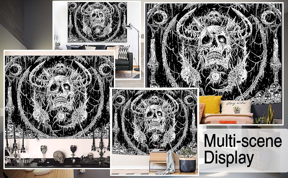 Skull Tapestry, Gothic Horror Moon Skeleton Mystic Dark Tapestries for Bedroom Grunge Wall Hanging Black and White