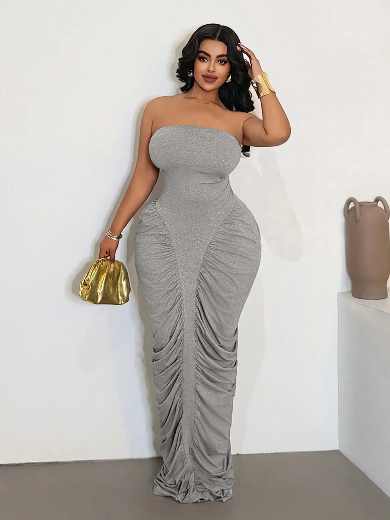 Plus Size Halter Midi Dress, Elastic Fitted Mermaid Style, Short Sleeve All over Print, Elegant Party Gown, Unlined, Ruched