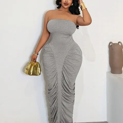 Plus Size Strapless Ruched Mermaid Maxi Dress, Heather Tube Top Bodycon Shaping Gown, Slim-Fitting Midi Dress for All Seasons Aesthetic