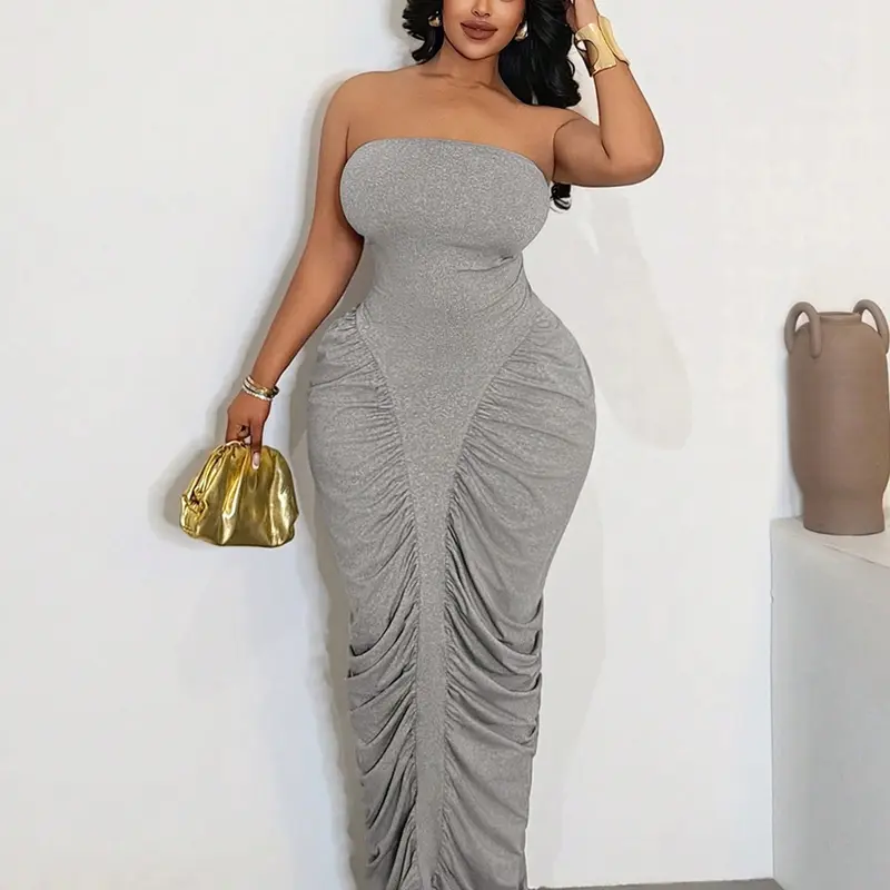 Plus Size Strapless Ruched Mermaid Maxi Dress, Heather Tube Top Bodycon Shaping Gown, Slim-Fitting Midi Dress for All Seasons Aesthetic