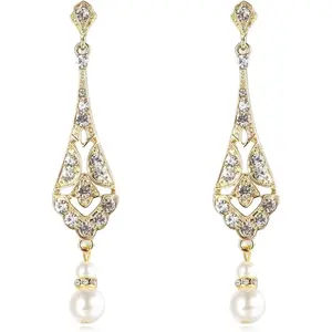 1920s Vintage Pearl Earrings for Women Trendy Elegant Rhinestone Teardrop Pearl Dangle Drop Earring Gatsby Themed Wedding Earrings Art Deco Jewelry Gifts