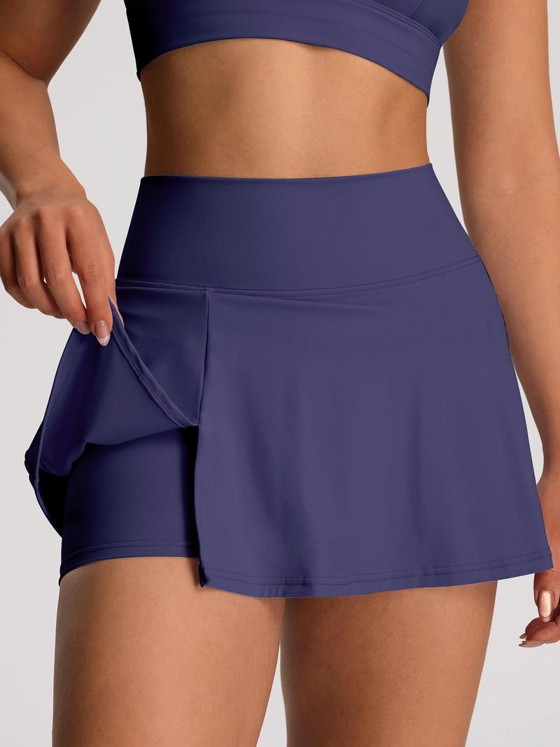 Women's Solid Color High Waist Sports Skort, Sporty Overlap Waist Mini Skirt with Panty, Ladies Sportswear for Tennis Golf Workout, Lightweight Athletic Skirts