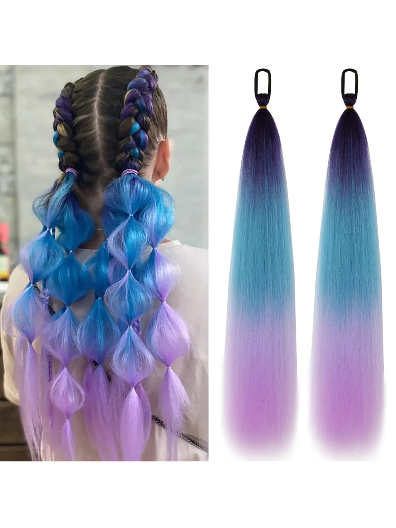 2 Pcs Ombre Purple Pink Ponytail Extension With Hair Tie Synthetic Yaki Straight Braided Ponytail For Women