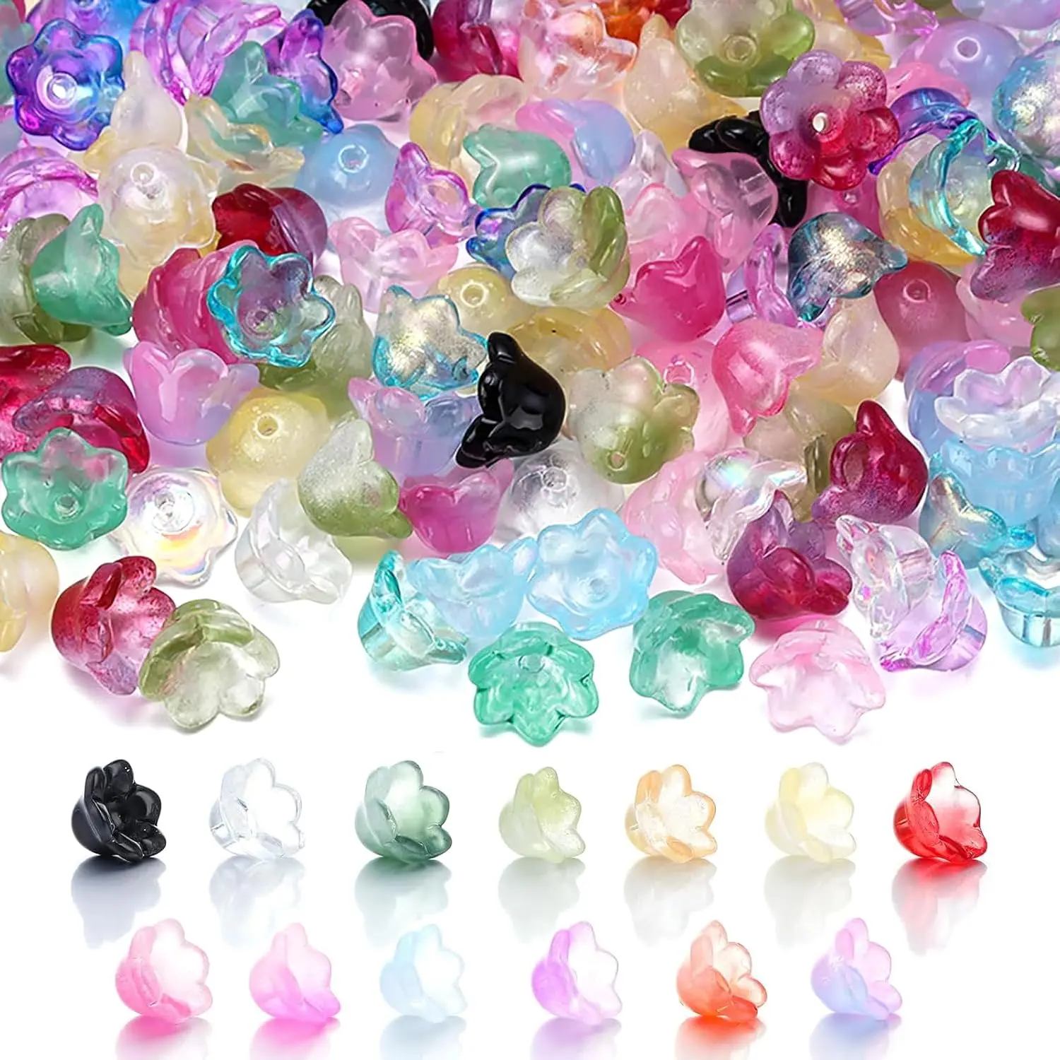 200 count Bellflower Glass Beads,  Colours Glass Flower Beads for  Making, Cute Bead with Colour Gradient Bellflowers  Beads DIY Craft Accessories for Bracelets Necklaces Earrings