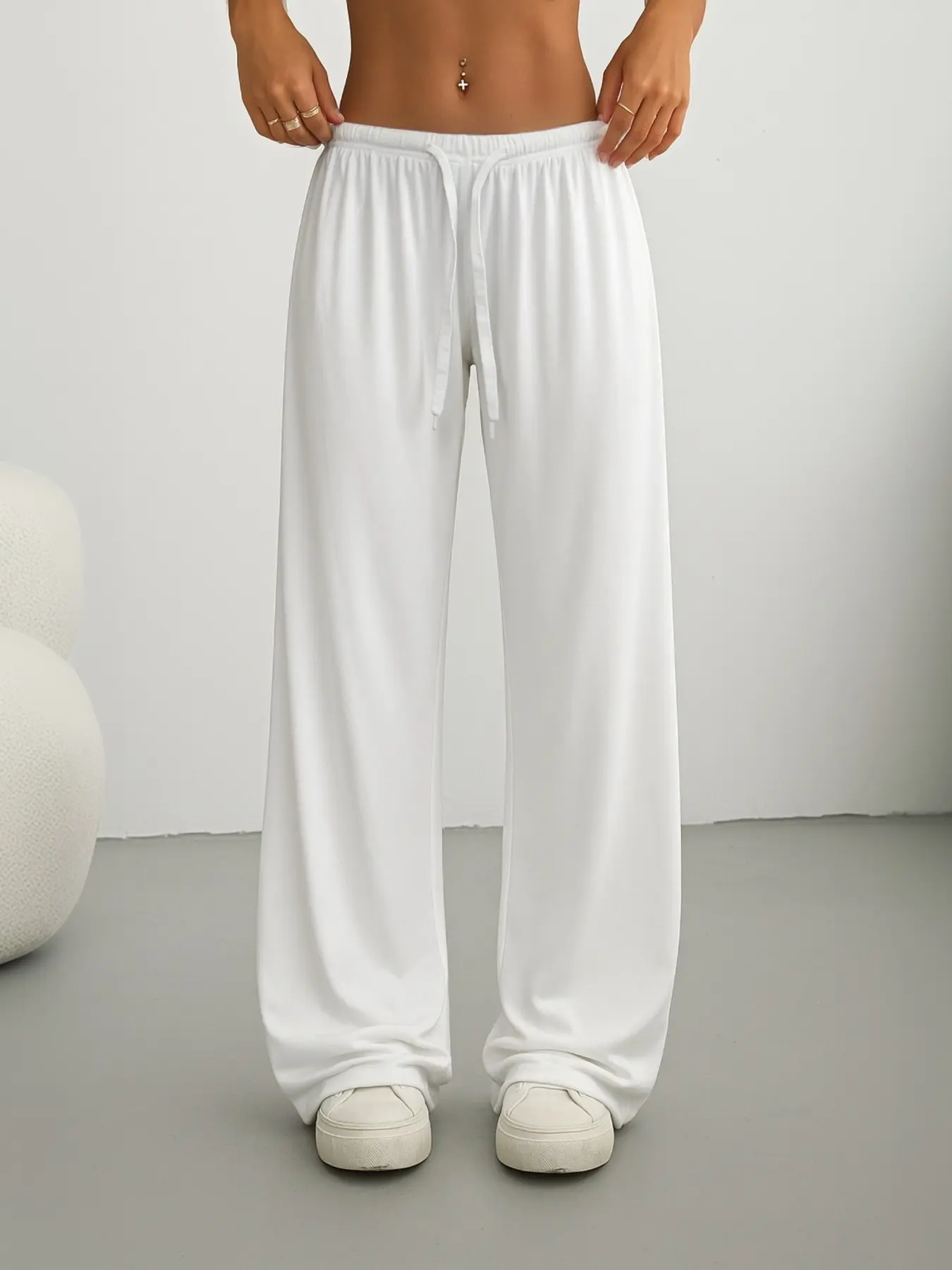Women's Solid Color Woven Adjustable Drawstring Waist Wide Leg Pants, Casual Comfy Minimalist Trousers for Everyday Wear, Womenswear