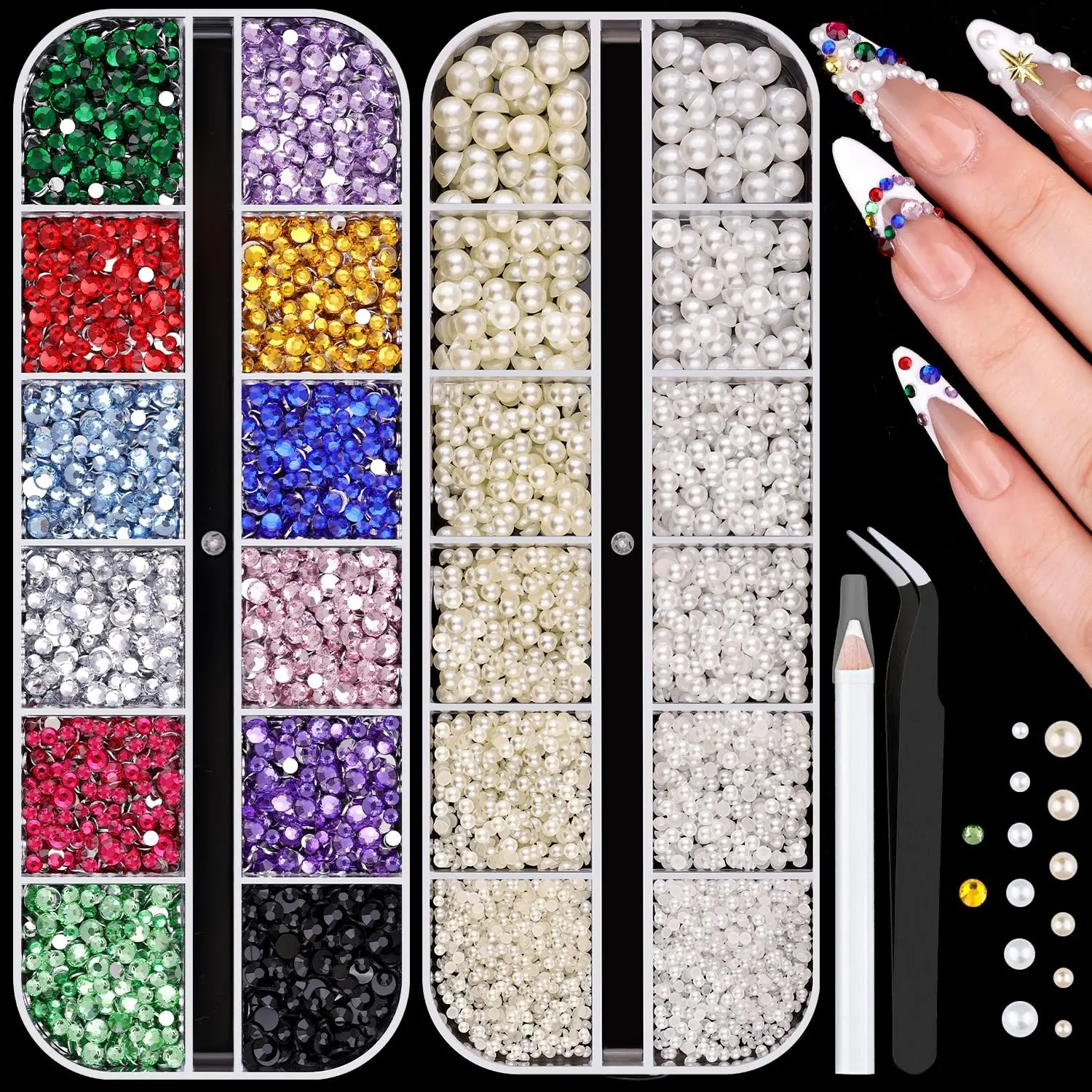 7700Pcs Rhinestones and Flat Back Pearls Kit, 2/3mm Colorful Non-Hotfix Nail Gems with White Beige Pearl Charms, Bedazzling Supplies for Nail Art, Acrylic Nails, DIY Crafts, Phone Cases, Shoes & Accessories