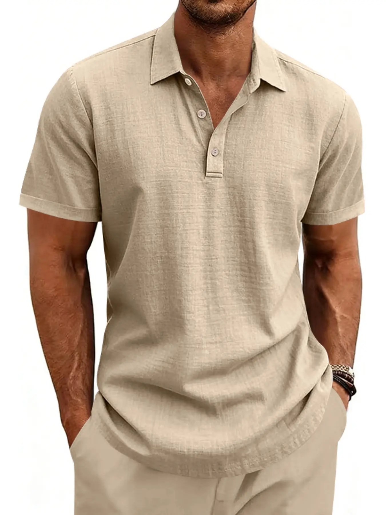 Men's Solid Plain Linen Collared Polo Shirt, Breathable Short Sleeve Top, Summer Business Casual Wear, Beach Vacation Essential