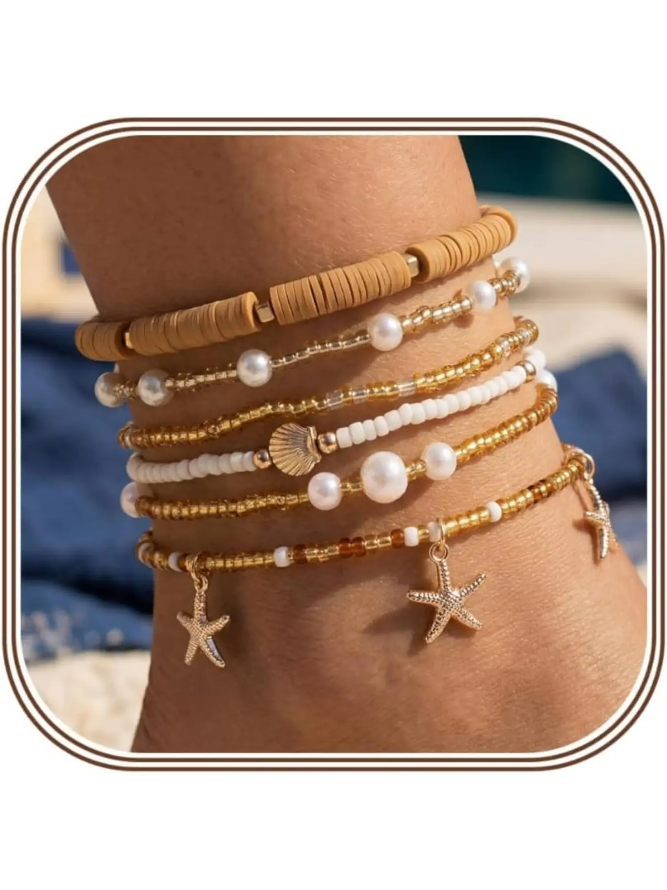 6Pcs Ankle Bracelets for Women - Waterproof Beaded Anklet Bracelet Set, Layered Boho Starfish Seashell Beach Jewelry, Handmade Summer Elastic Anklet
