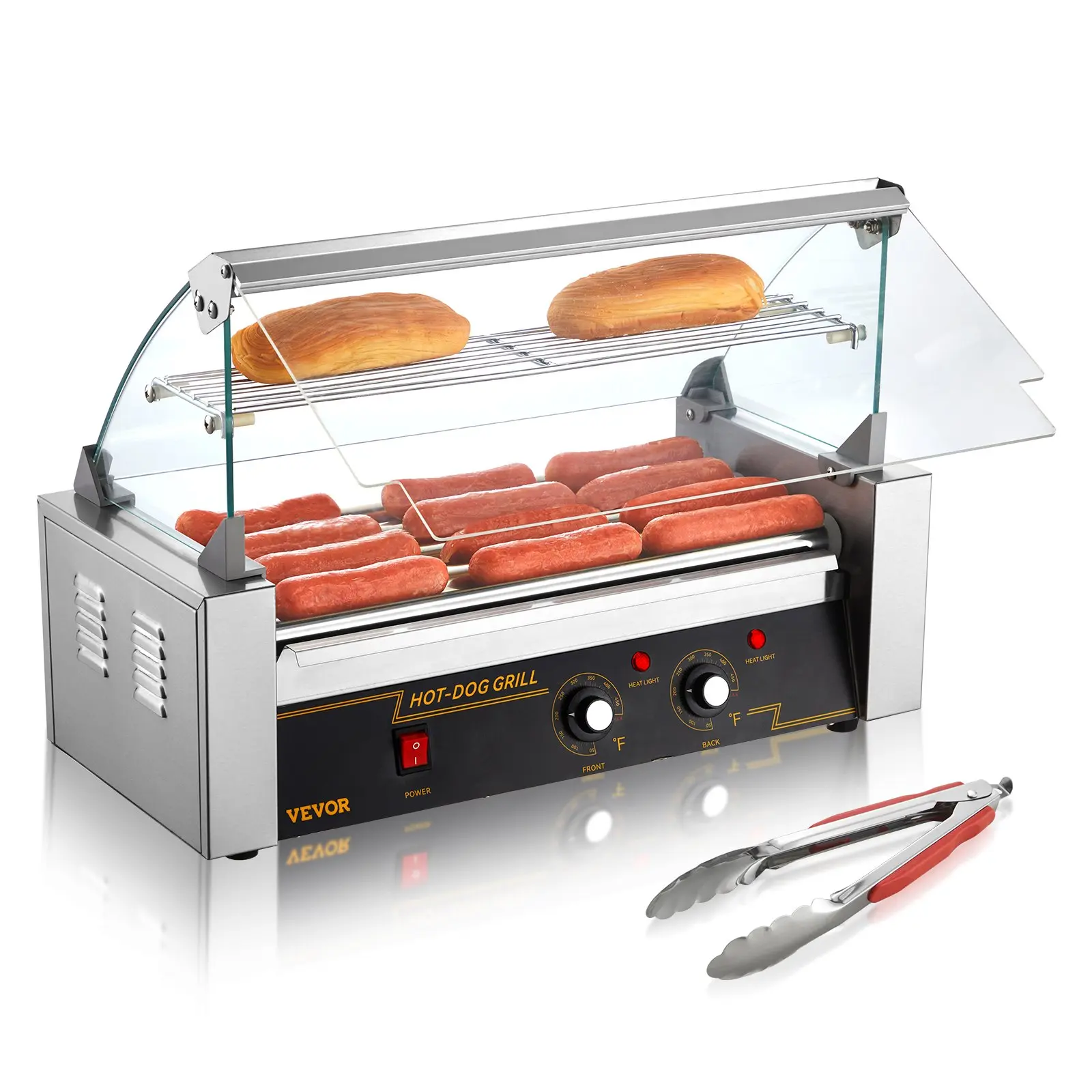 VEVOR Stainless Steel Hot Dog Roller Machine - 5 Rollers, 12 Hot Dogs Capacity, 750W Sausage Grill Cooker with Dual Temp Ctrl, Glass Hood, Acrylic Cover, Bun Warmer Shelf, Removable Oil Drip Tray, ETL Certified