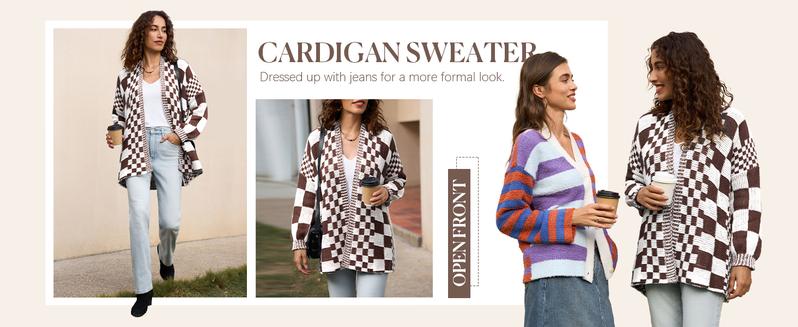 Saodimallsu Womens Checkered Sweater Color Block Plaid Cardigans Oversized Long Sleeve Knit Open Front Coats