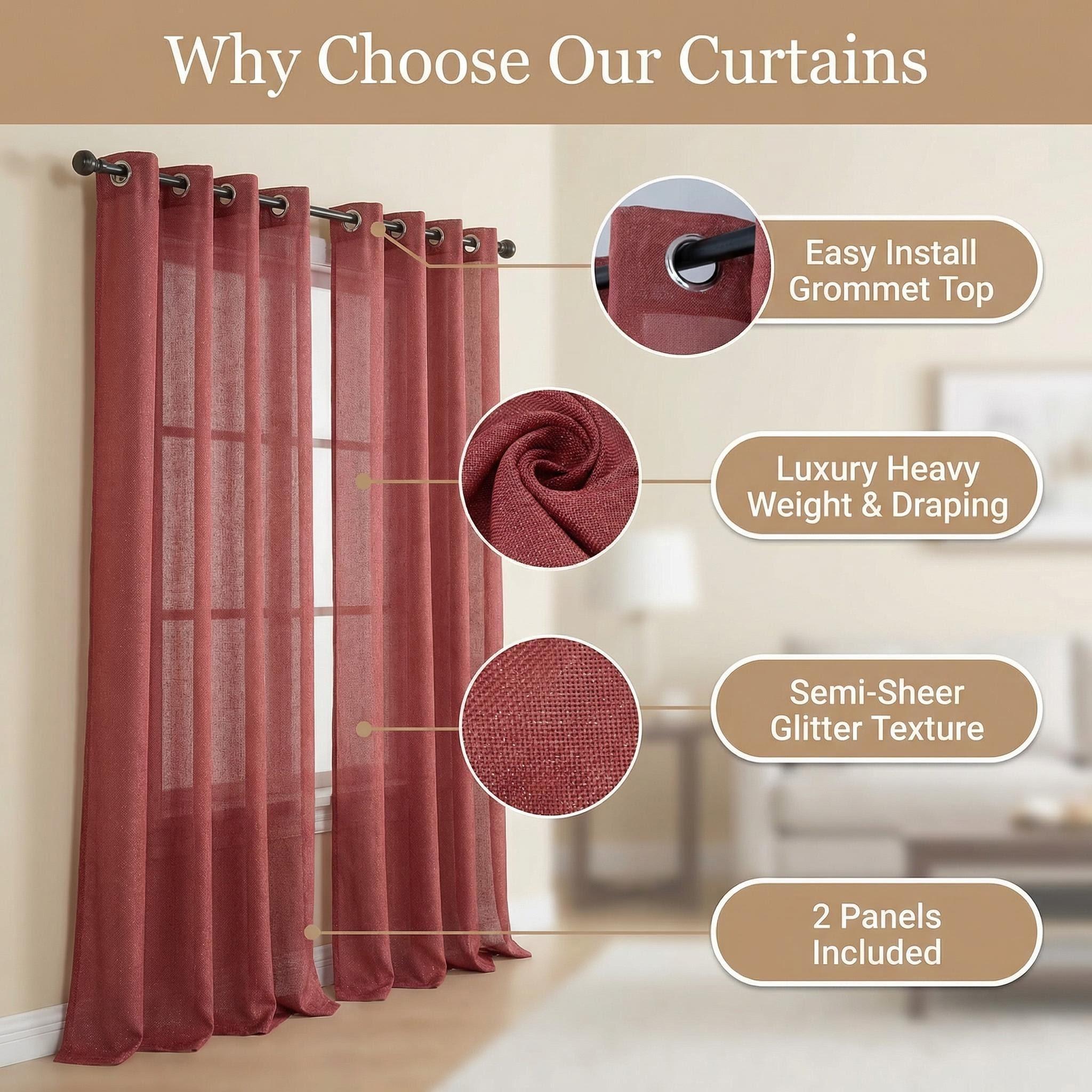 Cozy Curtain 2 Panels 52x84inch Semi-Transparent Curtains. The fabric is made of cationic two-color yarns, interwoven with silver threads. The design features looping patterns. Installation is simple, and they are stylish and high-end. L18