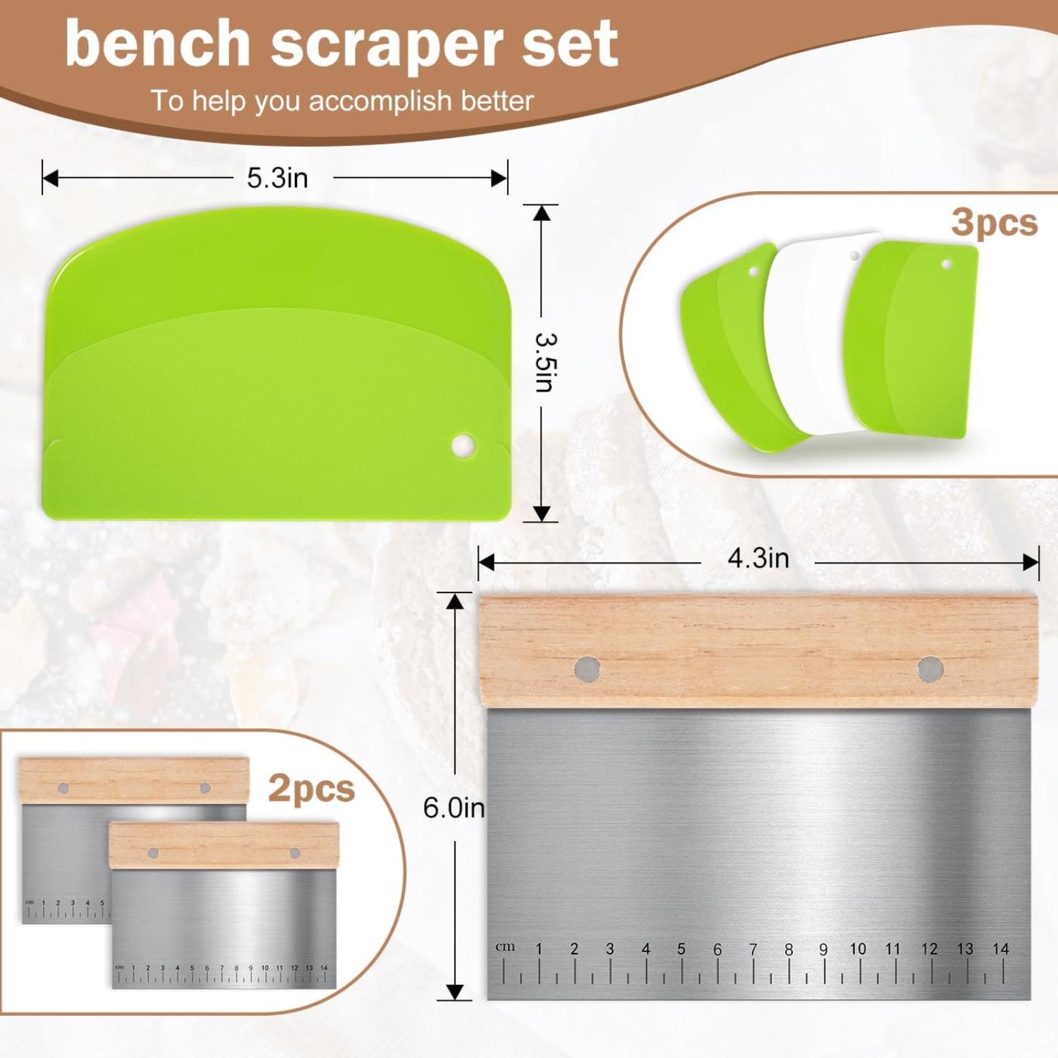5 Pcs Bench Scraper, Bench scraper kitchen 2 Pcs Stainless Steel Dough Scraper with Wood Handle and 3 Pcs PP Food Scraper with Hanging Hole, Multipurpose Bread Dough Cutter for Baking