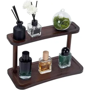 2-Tier Wooden Rack Bamboo Countertop Shelf 12.6x5.5x7.5 Inch Coffee Organizer Brown Spice Rack Display Stand Desktop Organizer Shelf Perfume for Makeup Coffee Mugs