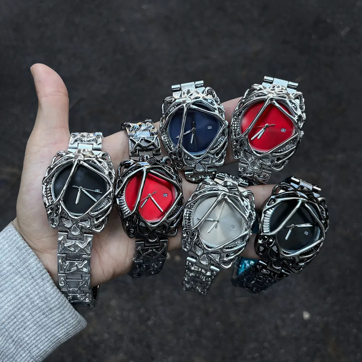 Y2K Irregular Red Dial Quartz Watch for Men, Vintage Hollow Skeleton Metal Bracelet Wristwatch, Gothic Punk Hip Hop Waterproof Statement Watch