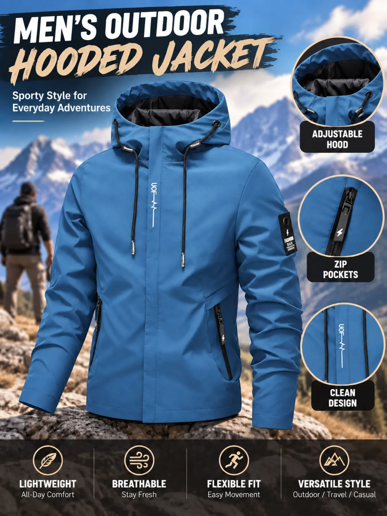 Men's Fall Winter Outdoor Hooded Jacket, Sporty Casual Solid Color Coat, Zip Pocket Simple Design, Hiking Camping Travel Urban Commute Top