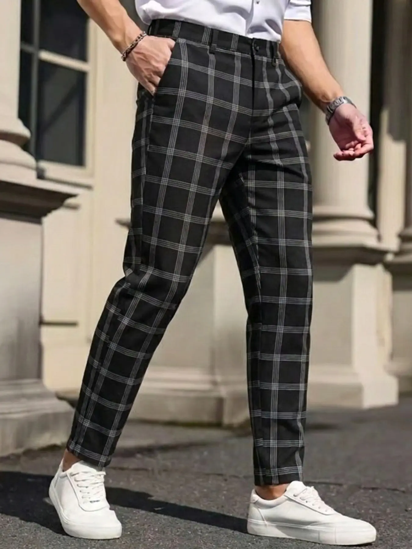 Men's Plaid High-Waisted Nine-Inch Suit Pants, Slim Fit Conical Drop Waist, Iron-Free Plaid Casual Pants, Skinny Business Daily Wear