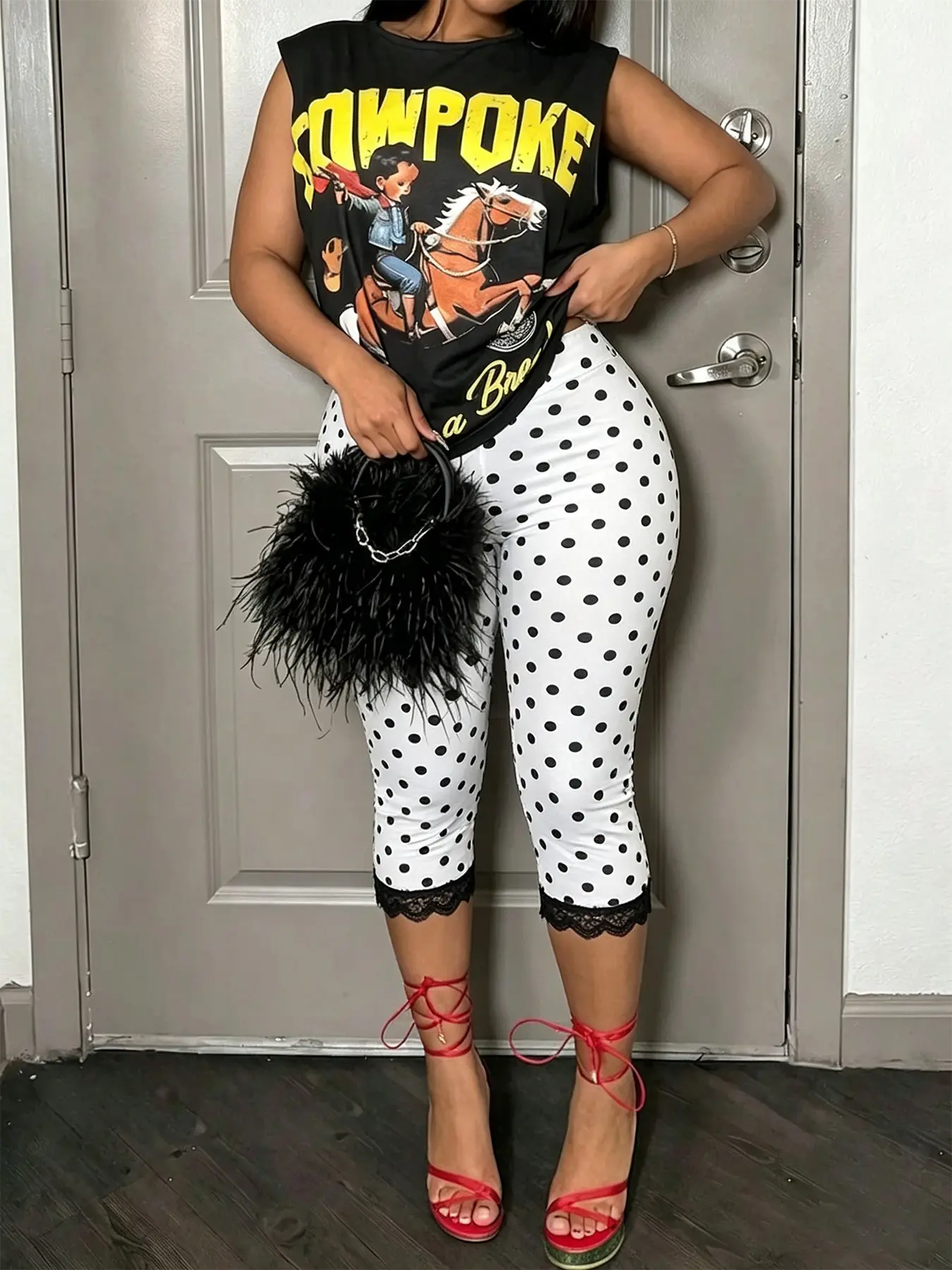 Women's Base Polka Dot Seven-Eighths Tight Pants, High Waist Lace Trim Slim Fit Mid-Length, Nightclub Daily Streetwear, Casual