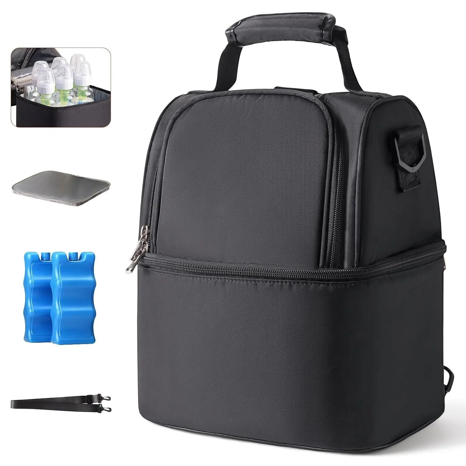 Breastmilk Cooler Bag with 2 Ice Packs, Breast Pump Bag with Cooler Fits 6 Bottles, Double Layer Breast Milk Travel Bag for Baby Bottles, Great for Travel, Nursing Mom, Daycare, Work, Picnic (Black)