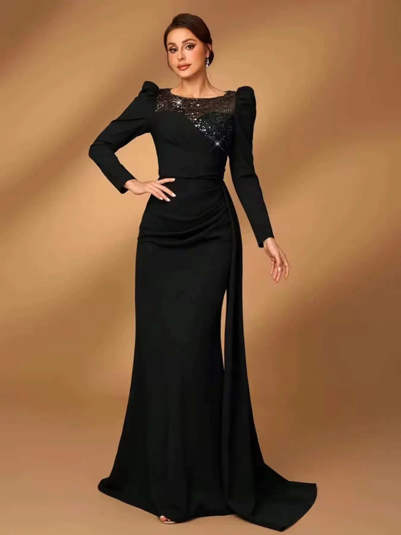 Elegant Sequin Mesh Patchwork Long Sleeve Dress, Flowy Design Bride Maid of Honor Gown, Perfect for Various Special Occasions