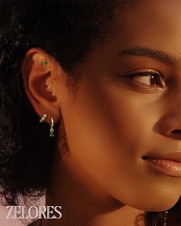 Zelores 6Pairs 14K Gold Plated Hoop Earrings for Women 6 Pairs Emerald Green Earrings Dainty Small Hoop Earrings Stud Earrings Sets for Multiple Piercing