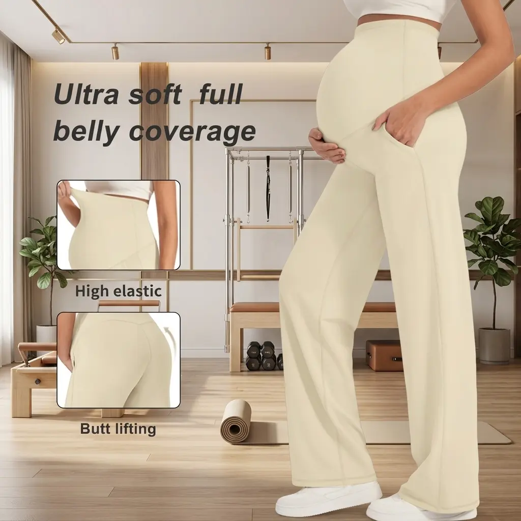 MUSBUY Maternity Wide Leg Pants, Plain Breathable Trousers with Over Belly Stretch Support and Pockets for Work & Lounge Wear, All Seasons, Safe clothing apparel