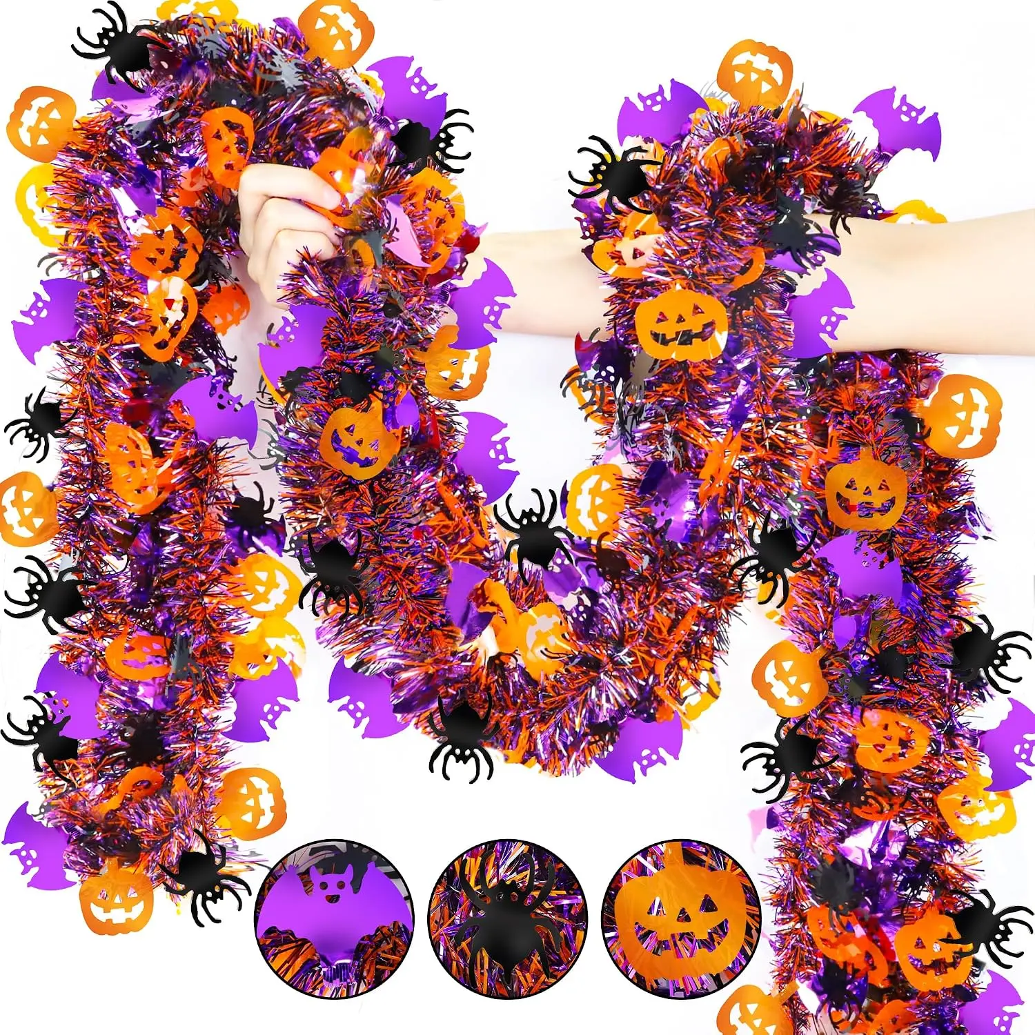 50FT Halloween Tinsel Garland with Orange Pumpkin Black Spider  Bat | Halloween Decorations Shiny Metallic Twist Garland for  Tree Indoor Outdoor Party Decorations