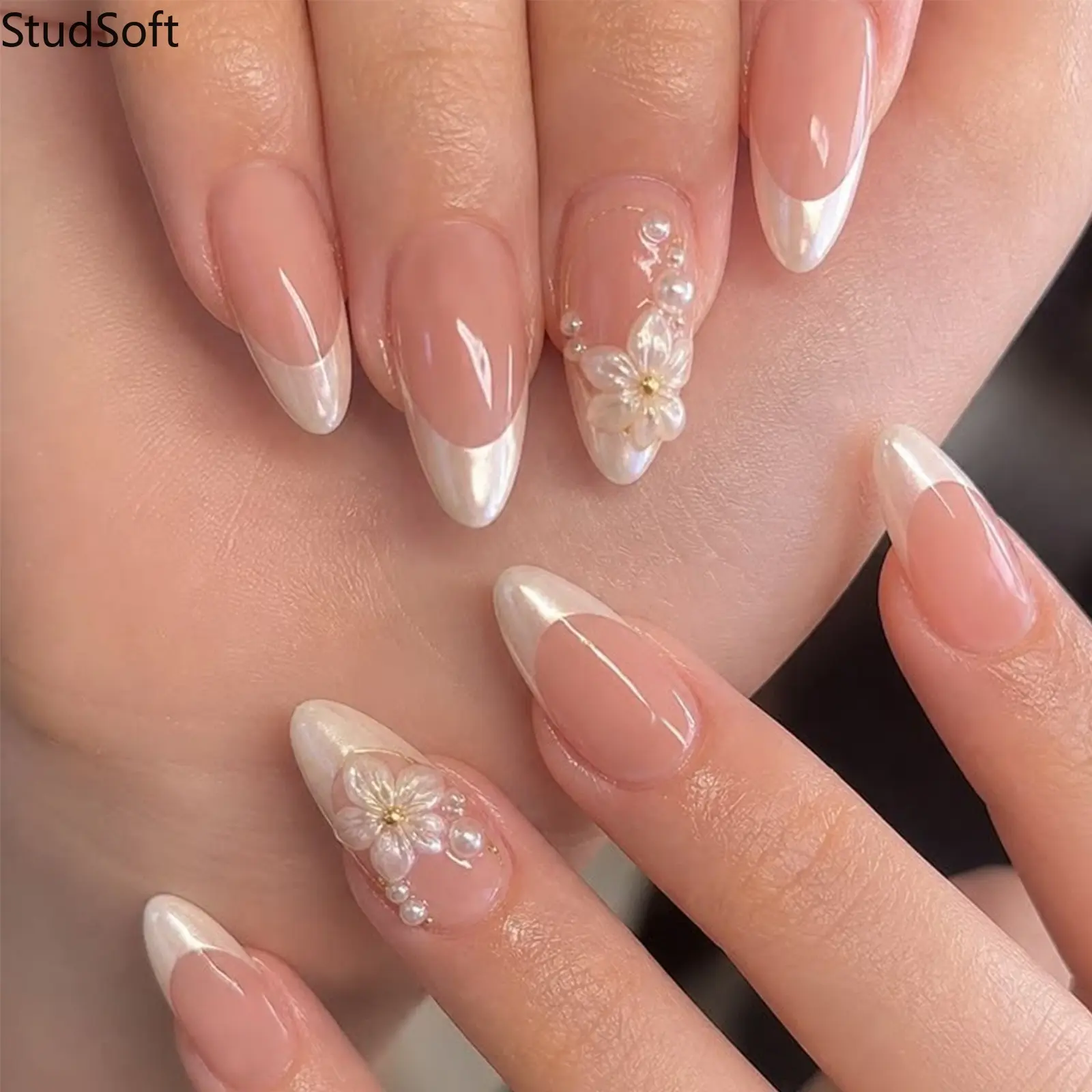 24pcs Press on Nails Medium Almond French Tip Fake Nails 3D Flower Pearl Inlaid False Nails Luxury Glazed Aurora Bridal Wedding Acrylic Nails Art for Women,back to school,back to school haul