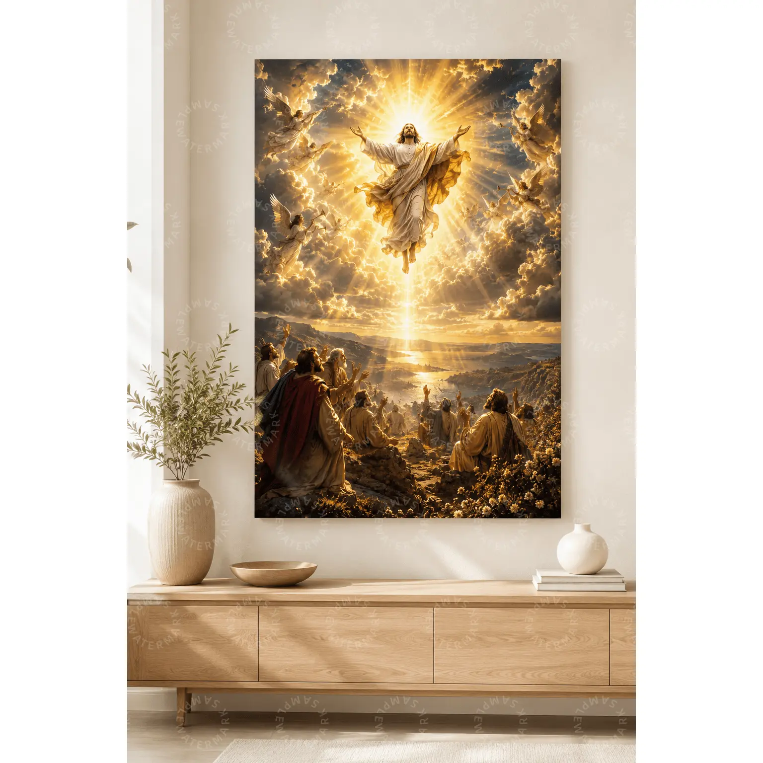 Jesus Ascension Canvas Wall Art, Golden Heavenly Light and Angels Christian Poster, Inspirational Faith Aesthetic Decor for Living Room, Bedroom, Office, Prayer Room, Church, Entryway and Religious Gift