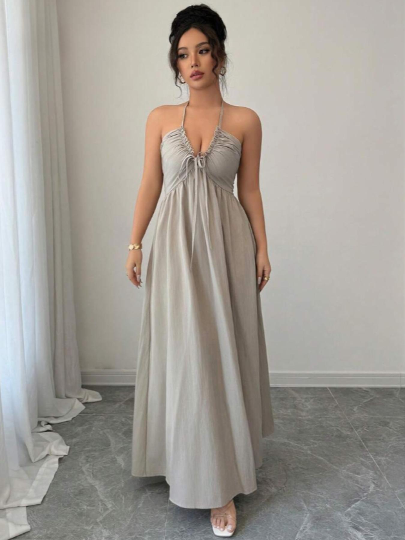 Women's A-Line Sleeveless Dress with Adjustable Straps, Stylish Lace-Up Detail for Summer, Casual Elegant Fashion for Women