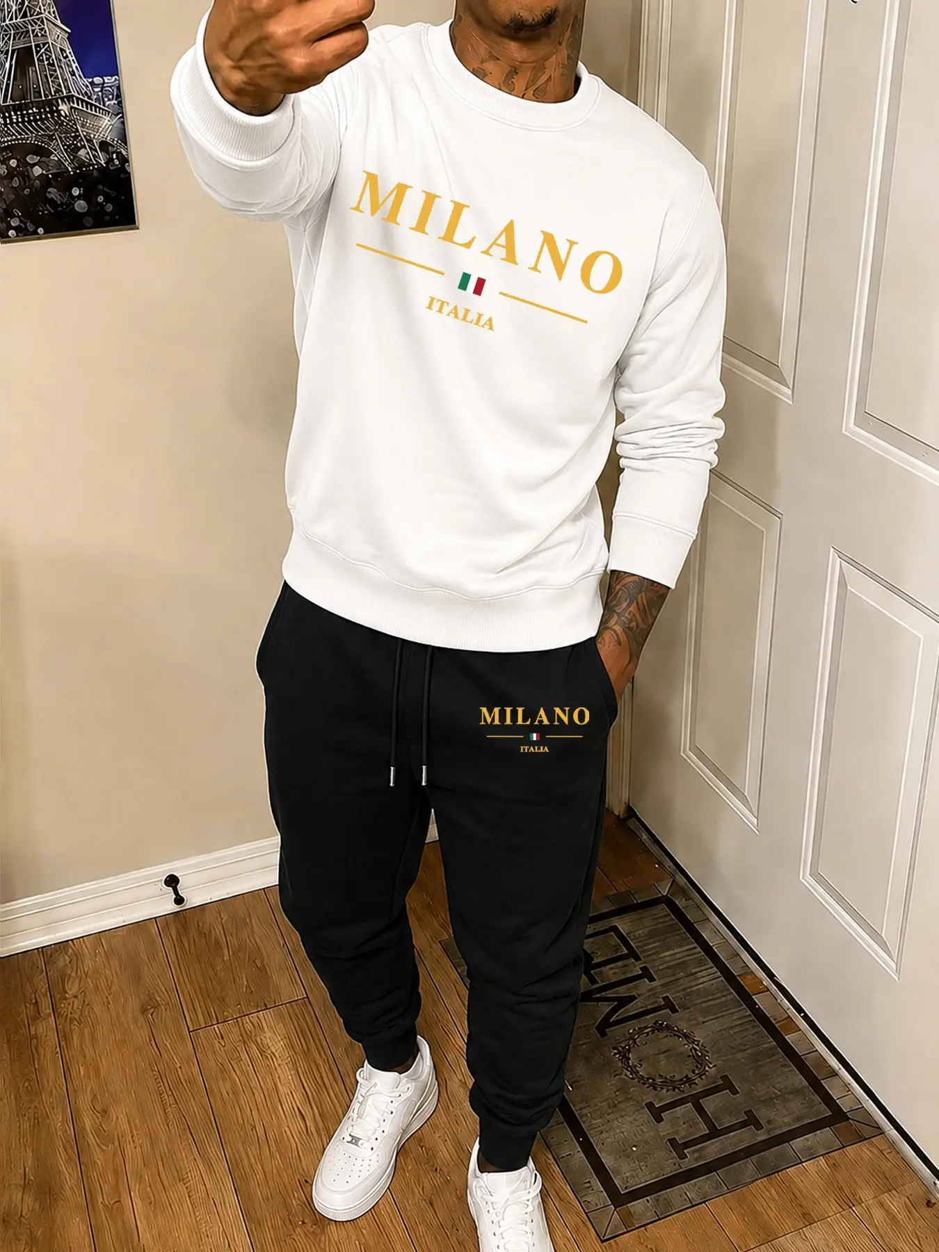 Premium Milano Italia Tracksuit Men's 2 Piece Sweatsuit Set - Comfy Slim Fit Crewneck Sweatshirt & Joggers - Aesthetic Fashion Streetwear for Casual Daily & Airport Outfit
