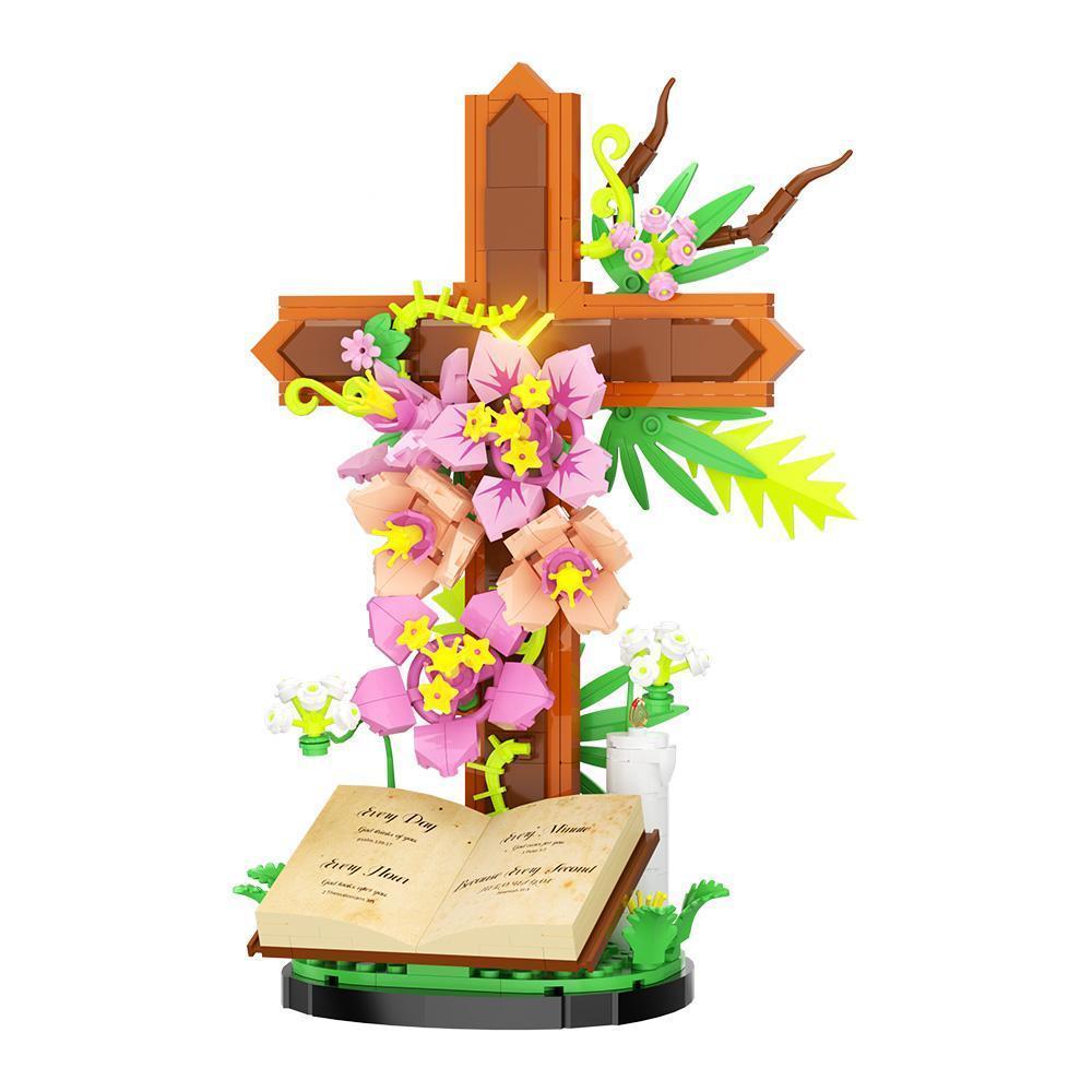 MOC Cross Flower Building Blocks Jesus Cross Tulip Decorative Bricks Adult Toy Christmas Gift
